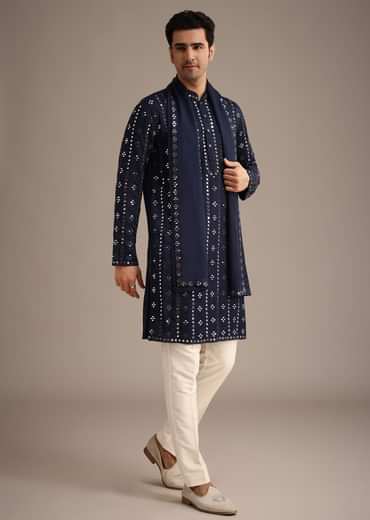 Blue Mirror Embellished Kurta Set With Dupatta