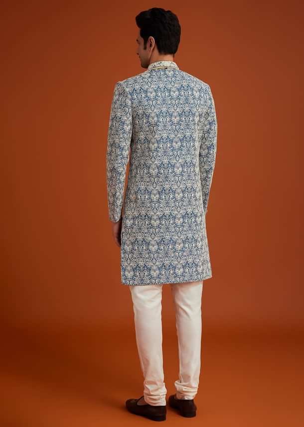Blue Monga Silk Sherwani With Embroidery And Beadwork Blue Monga Silk Sherwani With Embroidery And Beadwork