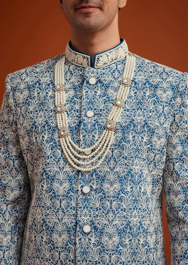 Blue Monga Silk Sherwani With Embroidery And Beadwork Blue Monga Silk Sherwani With Embroidery And Beadwork