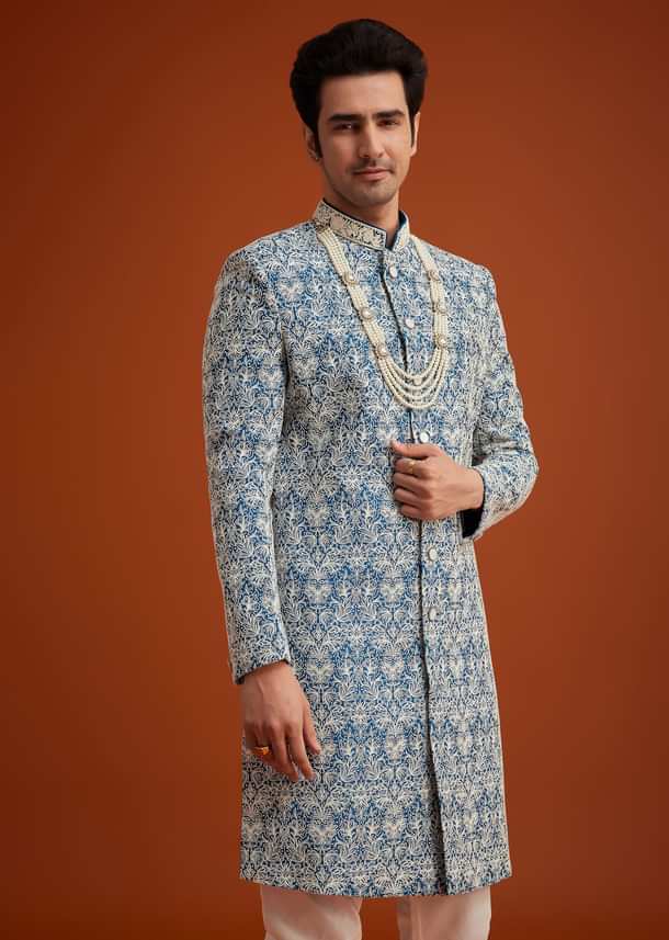 Blue Monga Silk Sherwani With Embroidery And Beadwork Blue Monga Silk Sherwani With Embroidery And Beadwork
