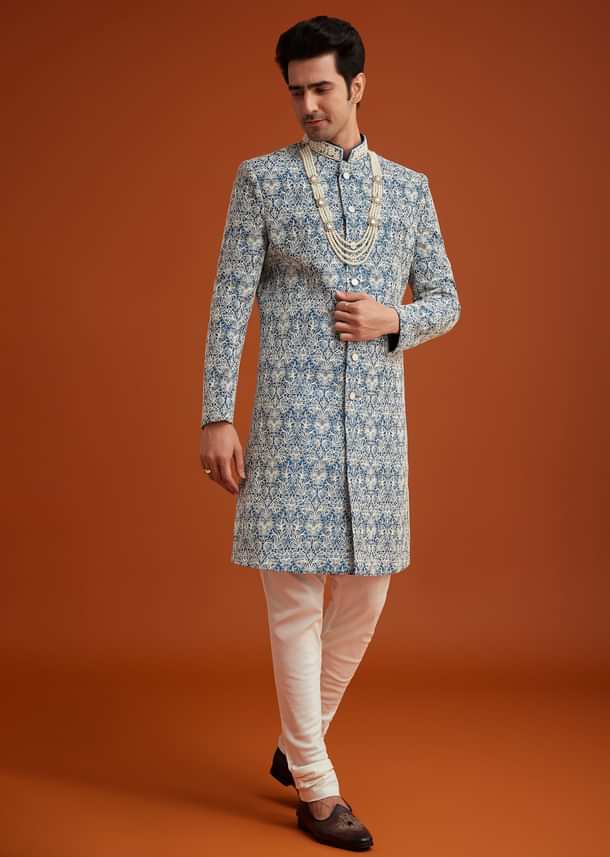 Blue Monga Silk Sherwani With Embroidery And Beadwork Blue Monga Silk Sherwani With Embroidery And Beadwork