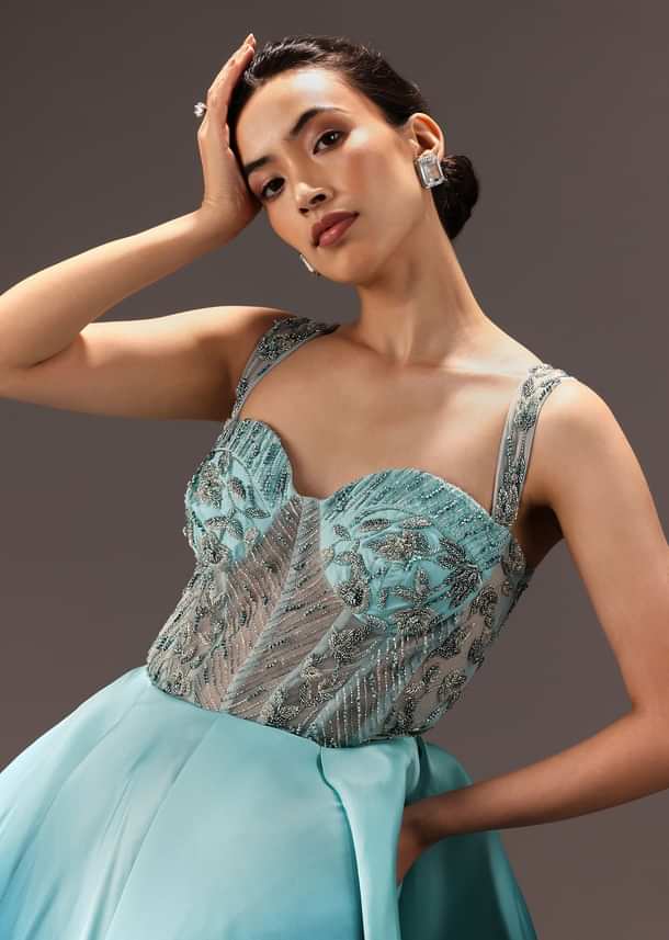 Blue Ombré Flared Gown With Tone On Tone Embroidery