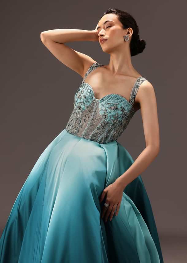Blue Ombré Flared Gown With Tone On Tone Embroidery