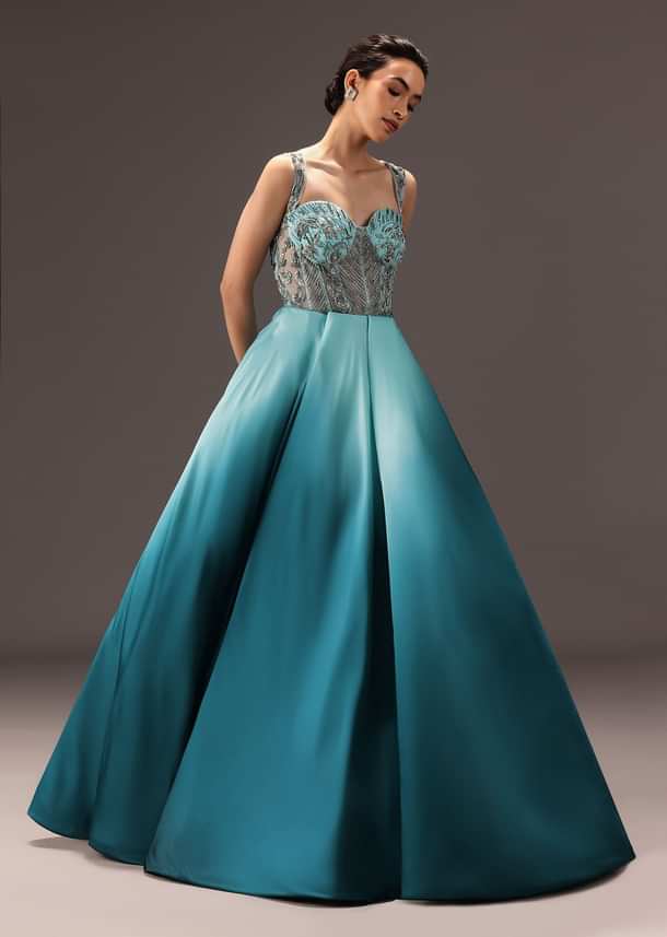 Blue Ombré Flared Gown With Tone On Tone Embroidery