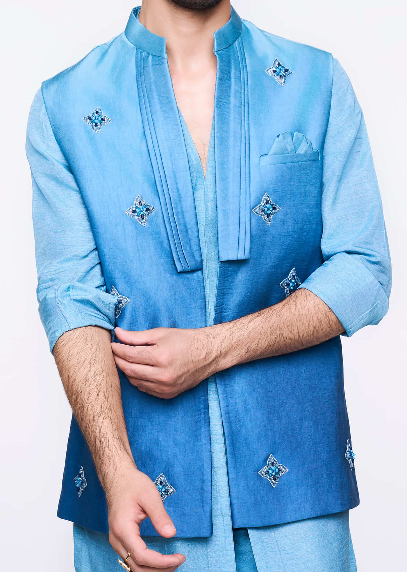 Blue Ombre Hand Embroidered Bandi And Kurta Set