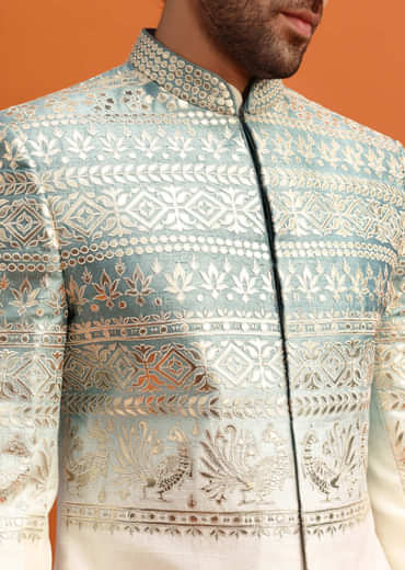 Blue Ombre Indowestern Set With Foil Work For Men