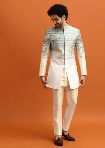Blue Ombre Indowestern Set With Foil Work For Men