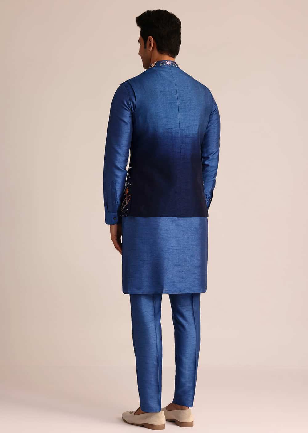 Blue Ombre Silk Jacket Set With Artistic Detailing