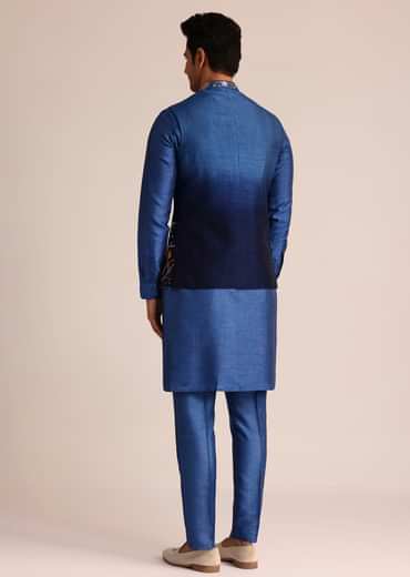 Blue Ombre Silk Jacket Set With Artistic Detailing