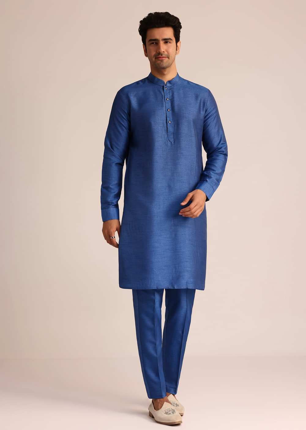 Blue Ombre Silk Jacket Set With Artistic Detailing