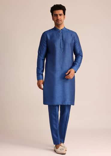 Blue Ombre Silk Jacket Set With Artistic Detailing