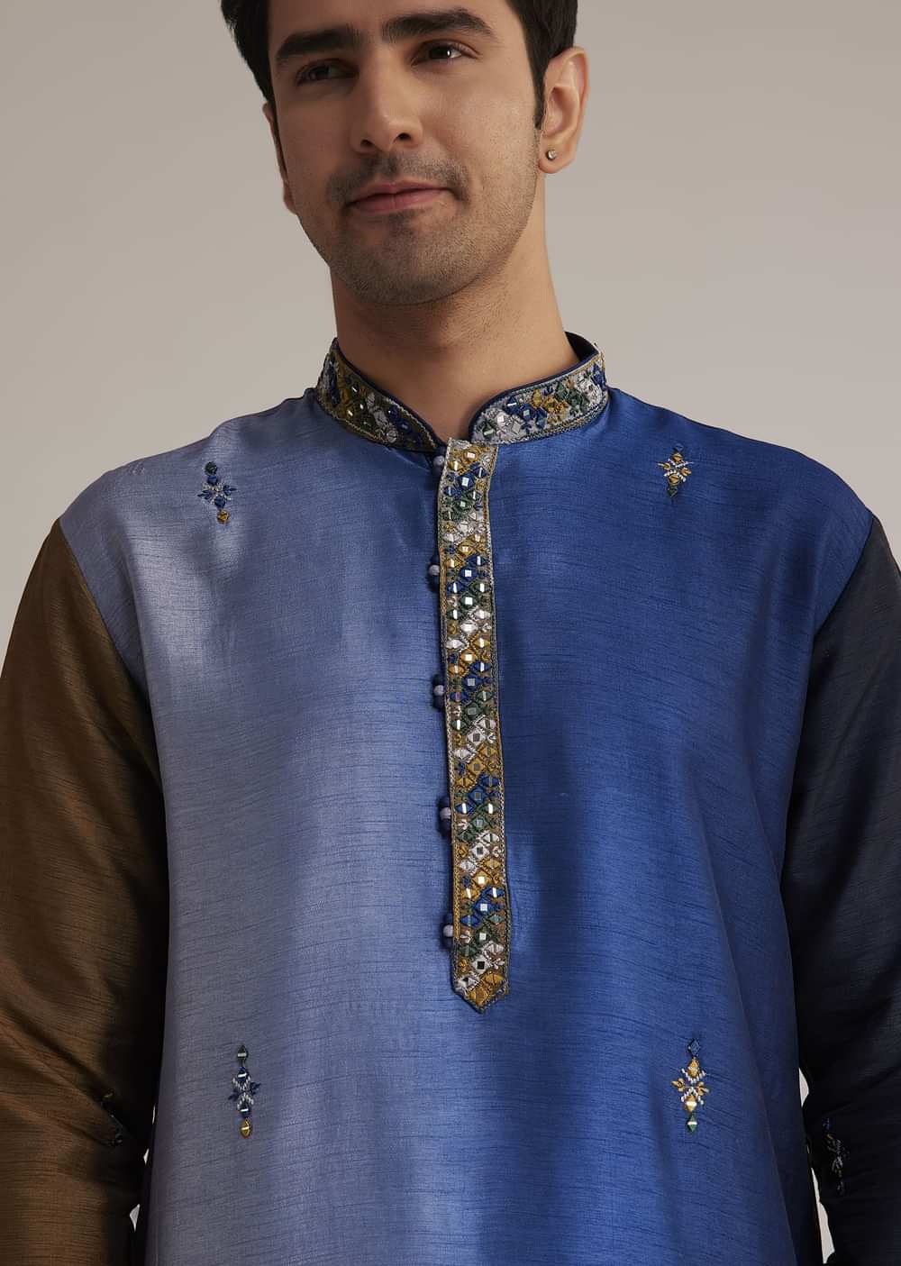 Blue Ombre Silk Kurta Set With Mirror Embellishments