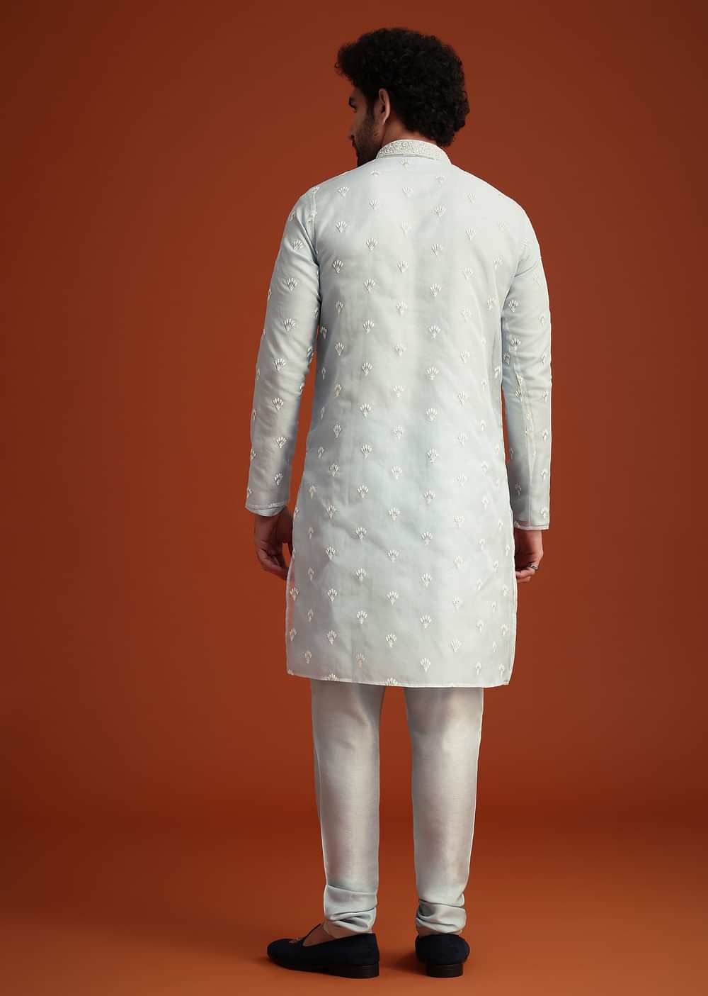 Blue Organza Aligarhi Kurta With Zari Embroidery