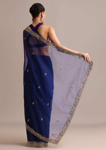 Blue Organza Cutdana Embroidered Saree With Unstitched Blouse