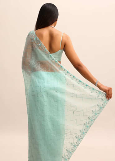 Sea Green Organza Cutdana Saree And Sequins Border Pallu With Unstitched Blouse