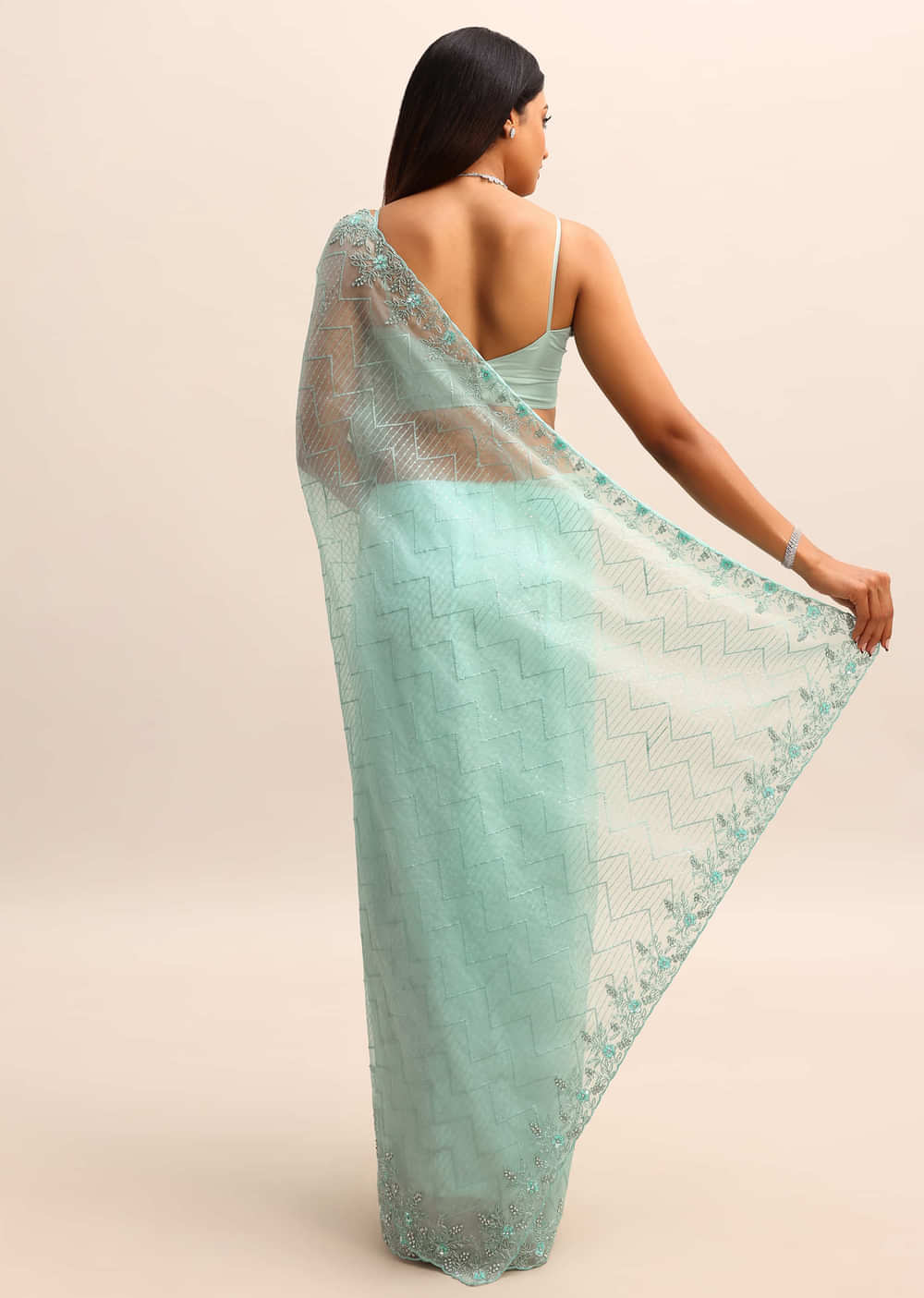 Sea Green Organza Cutdana Saree And Sequins Border Pallu With Unstitched Blouse