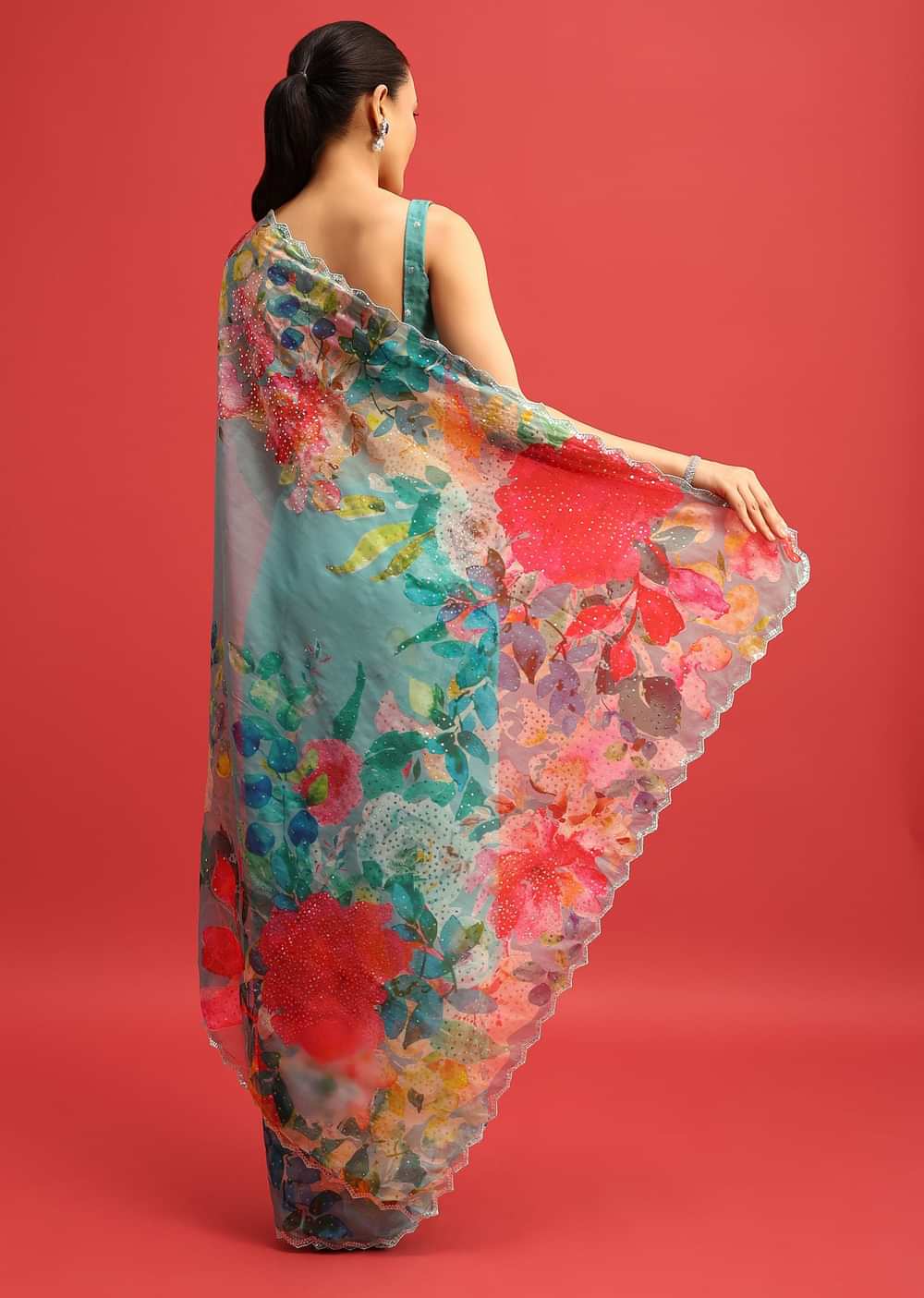 Blue Organza Floral Printed Saree In Sequin With Unstitched Blouse