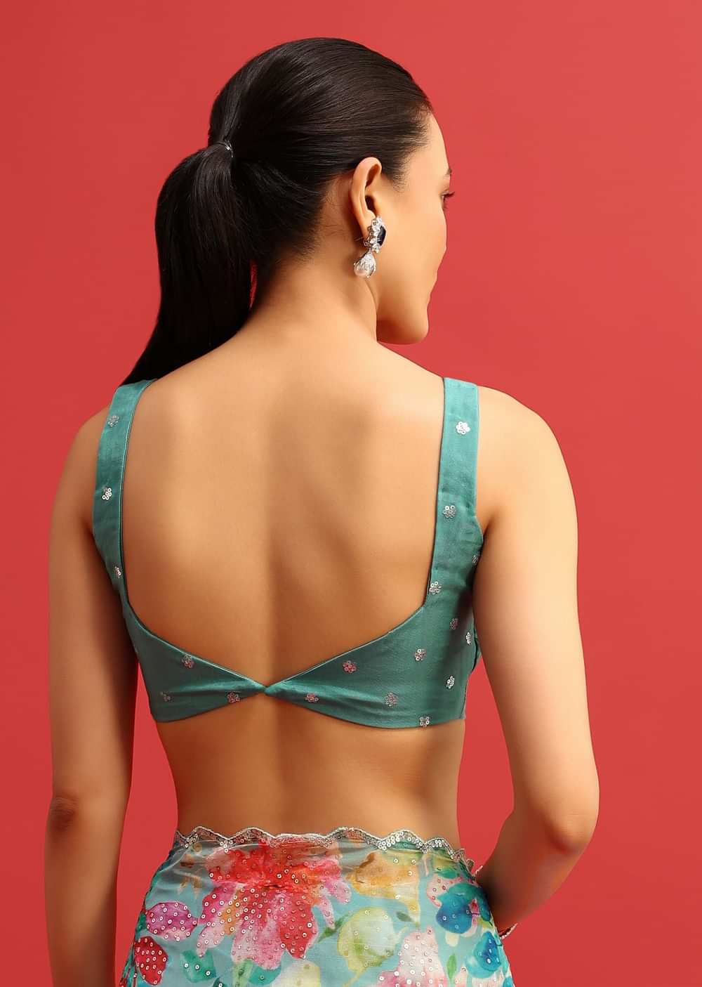 Blue Organza Floral Printed Saree In Sequin With Unstitched Blouse