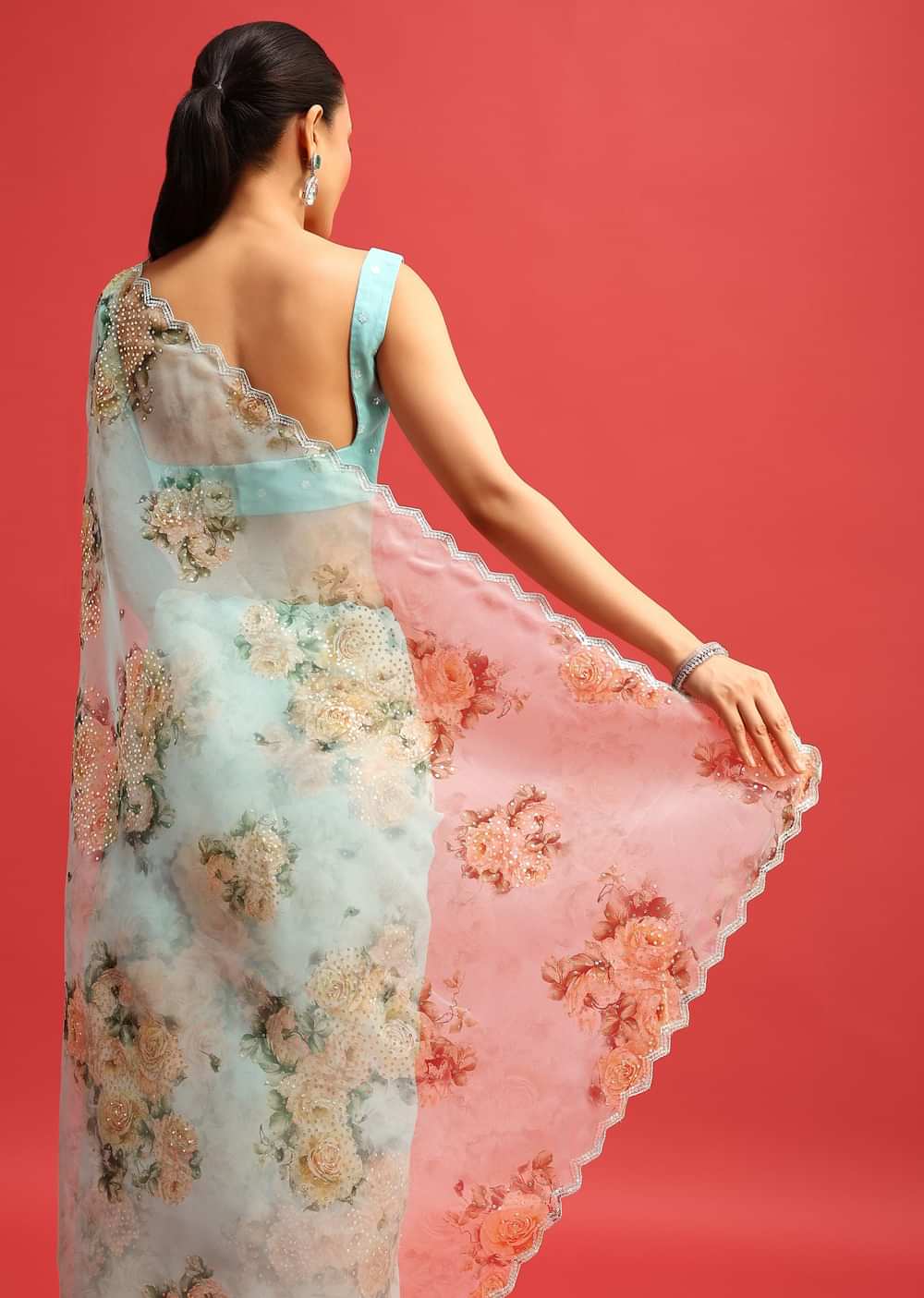 Blue Organza Floral Printed Saree With Sequin Scallop Border And Unstitched Blouse
