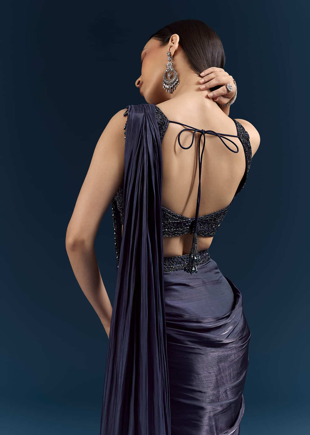 Blue Organza Ready Pleated Saree With Heavy Embroidery