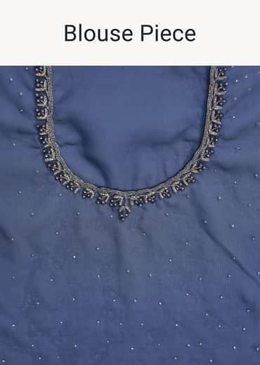 Blue Organza Saree With Stone Work And Unstitched Blouse Piece