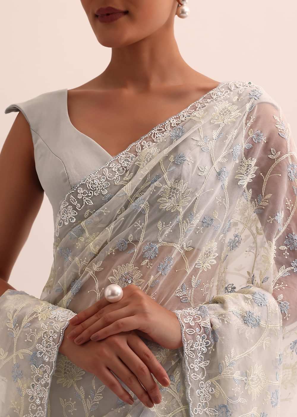Blue Organza Silk Saree With Thread Work And Unstitched Blouse