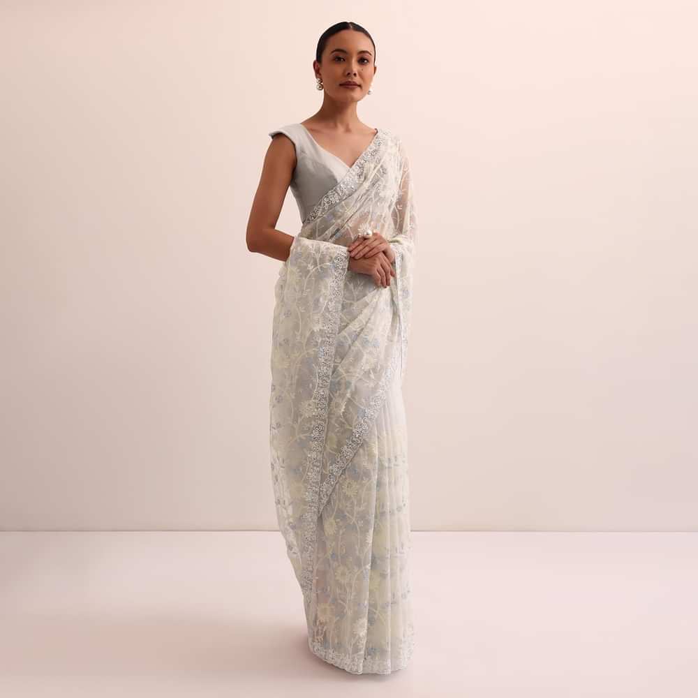 Blue Organza Silk Saree With Thread Work And Unstitched Blouse