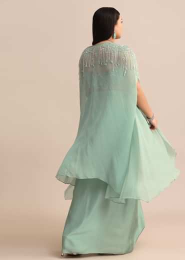 Blue Pleated Drape Skirt And Embellished Cape With Tassels