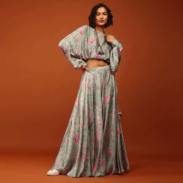 Green Print Crop Top And Lehenga in U Neckline & Full Balloon Sleeves With Embellishment