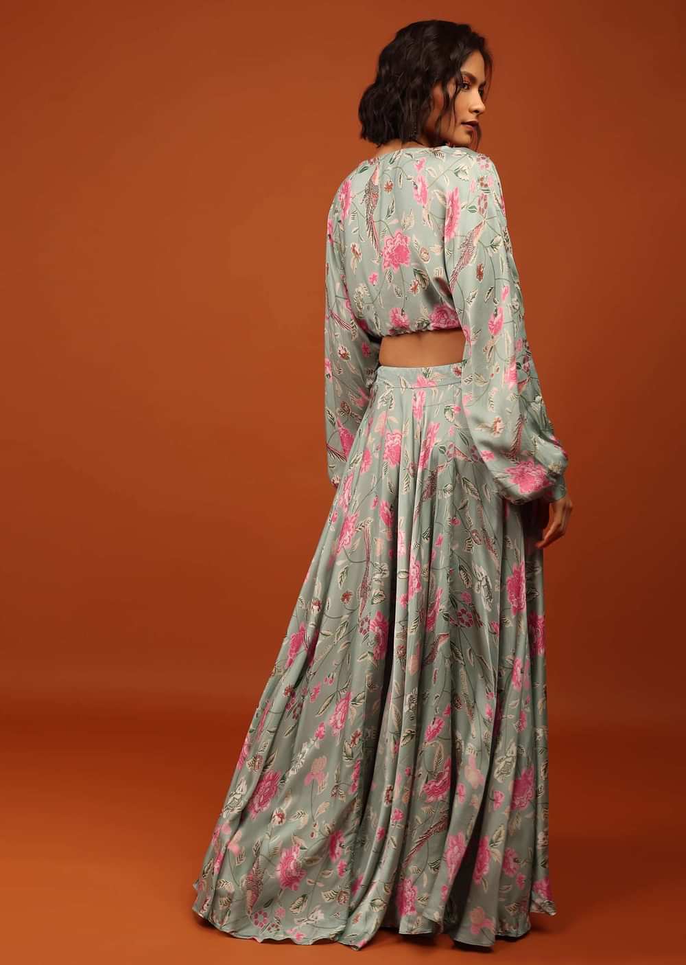 Green Print Crop Top And Lehenga in U Neckline & Full Balloon Sleeves With Embellishment