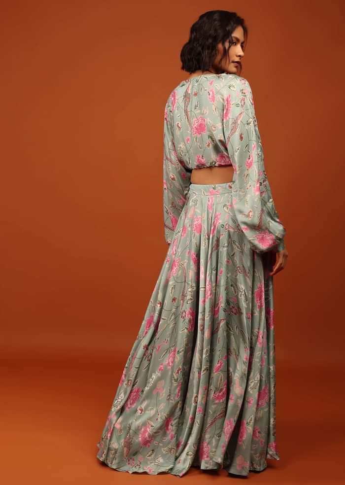 Green Print Crop Top And Lehenga in U Neckline & Full Balloon Sleeves With Embellishment