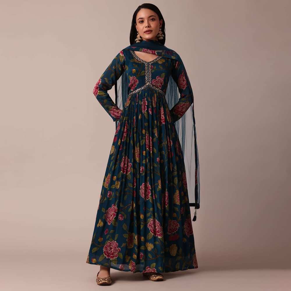 Blue Printed Anarkali And Dupatta With Cutdana Work