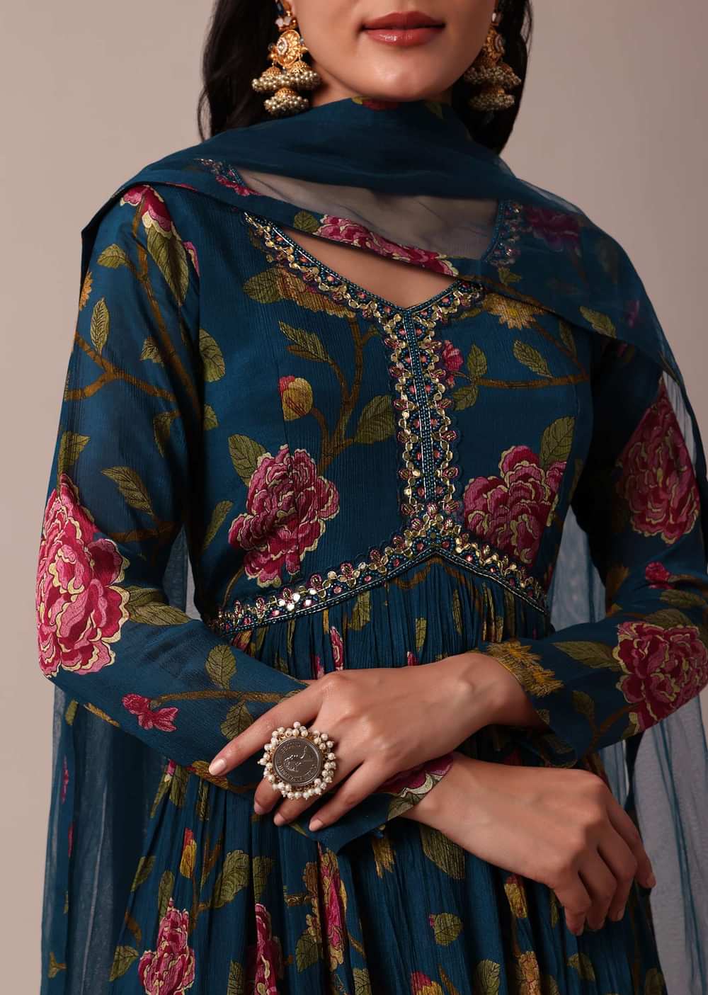 Blue Printed Anarkali And Dupatta With Cutdana Work