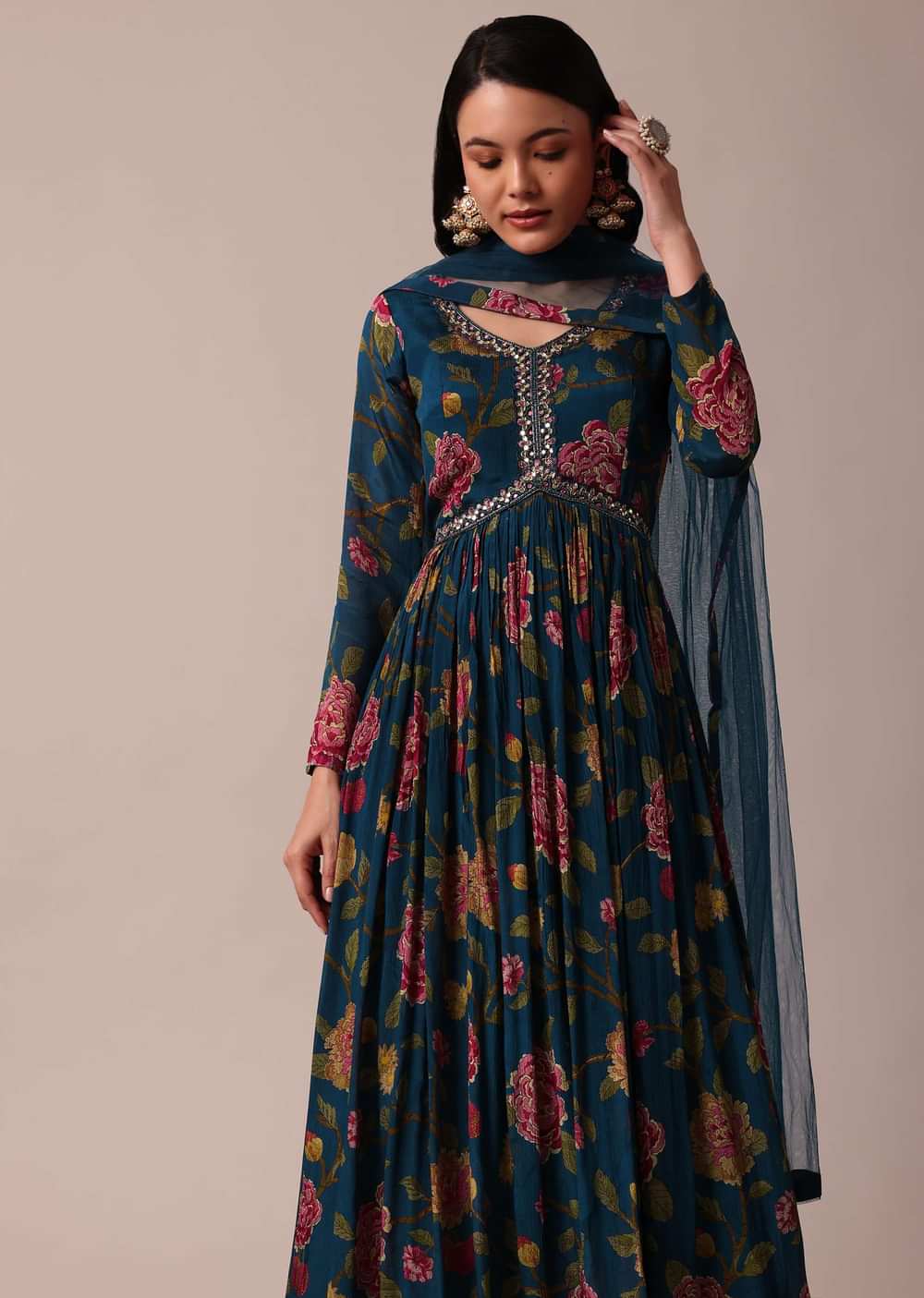 Blue Printed Anarkali And Dupatta With Cutdana Work