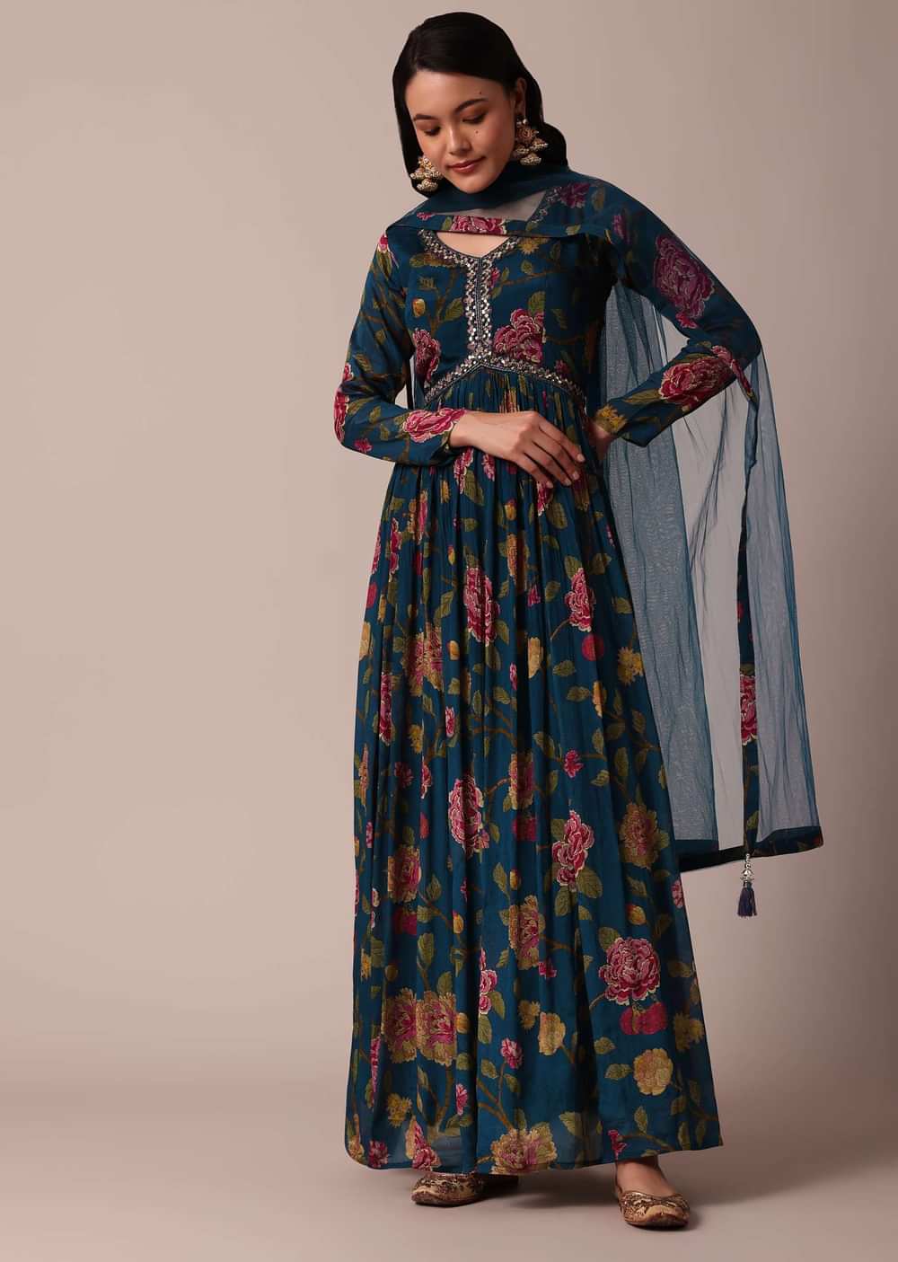 Blue Printed Anarkali And Dupatta With Cutdana Work