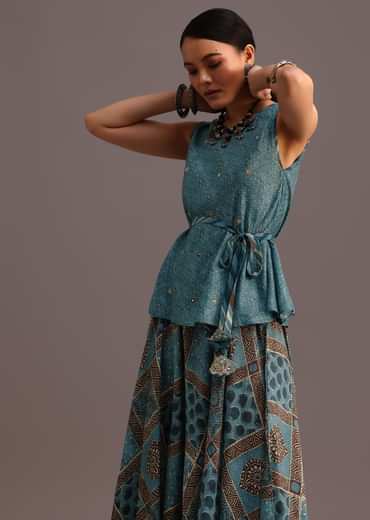 Blue Printed Kurti Palazzo Set With Embroidery