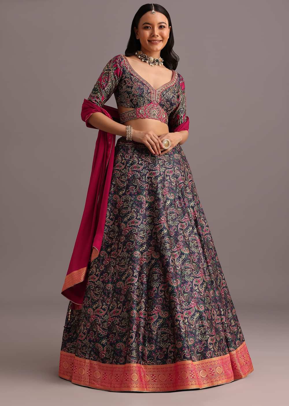 Blue Printed Lehenga Choli With Banarasi Weave Bordered Dupatta