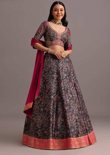 Blue Printed Lehenga Choli With Banarasi Weave Bordered Dupatta