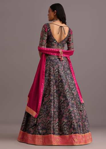 Blue Printed Lehenga Choli With Banarasi Weave Bordered Dupatta