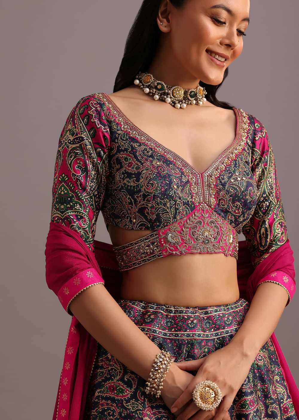 Blue Printed Lehenga Choli With Banarasi Weave Bordered Dupatta
