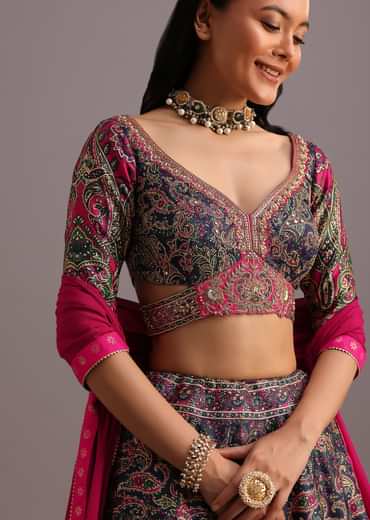 Blue Printed Lehenga Choli With Banarasi Weave Bordered Dupatta
