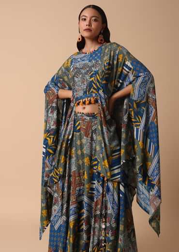 Blue Printed Lehenga With Embroidered Crop Top