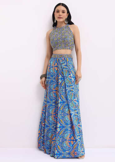 Blue Printed Net Crop Top And Skirt Set