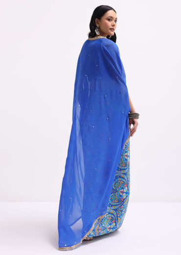 Blue Printed Net Crop Top And Skirt Set