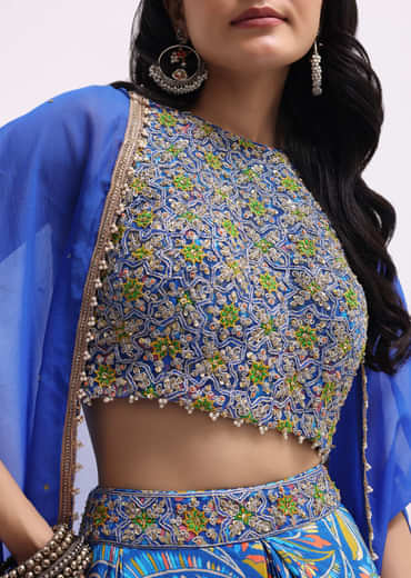 Blue Printed Net Crop Top And Skirt Set