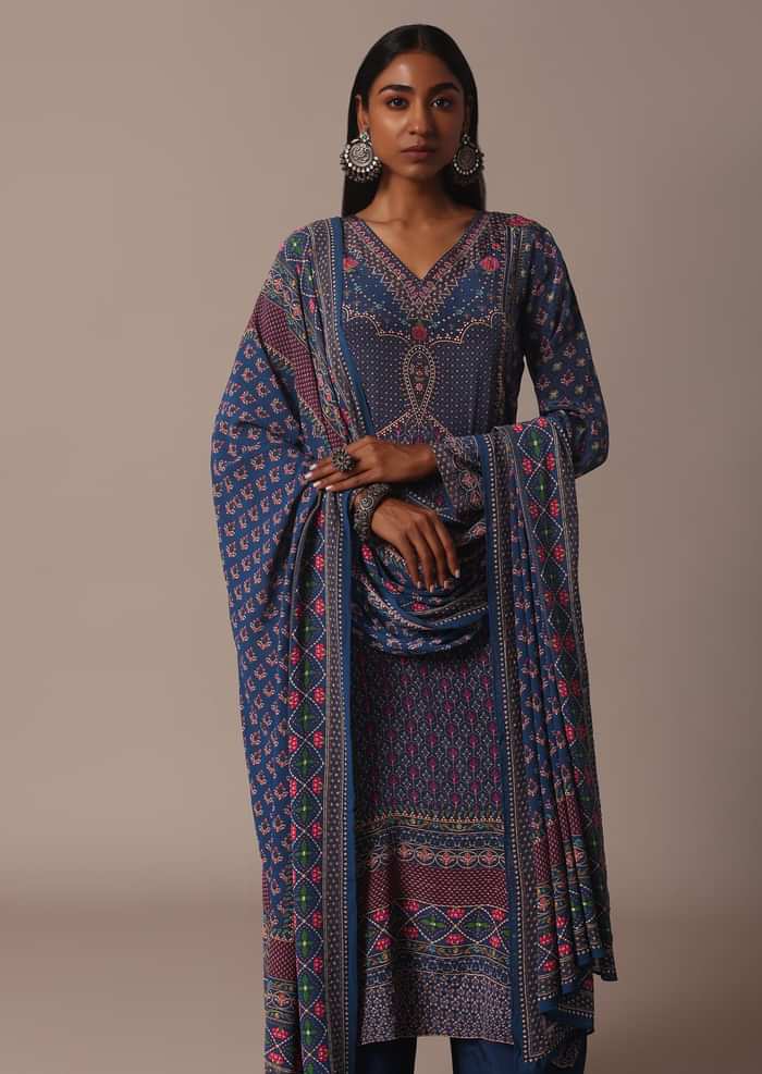 Blue Printed Palazzo Set With Stone Embellished Kurta