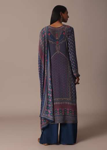 Blue Printed Palazzo Set With Stone Embellished Kurta
