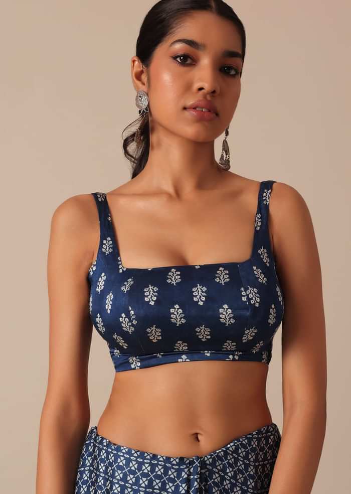 Blue Printed Saree In Satin With Tassel Pallu And Unstitched Blouse Piece