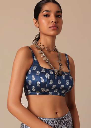 Blue Printed Saree In Satin With Tassel Detail And Unstitched Blouse Fabric