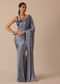 Blue Printed Saree In Satin With Tassel Detail And Unstitched Blouse Fabric